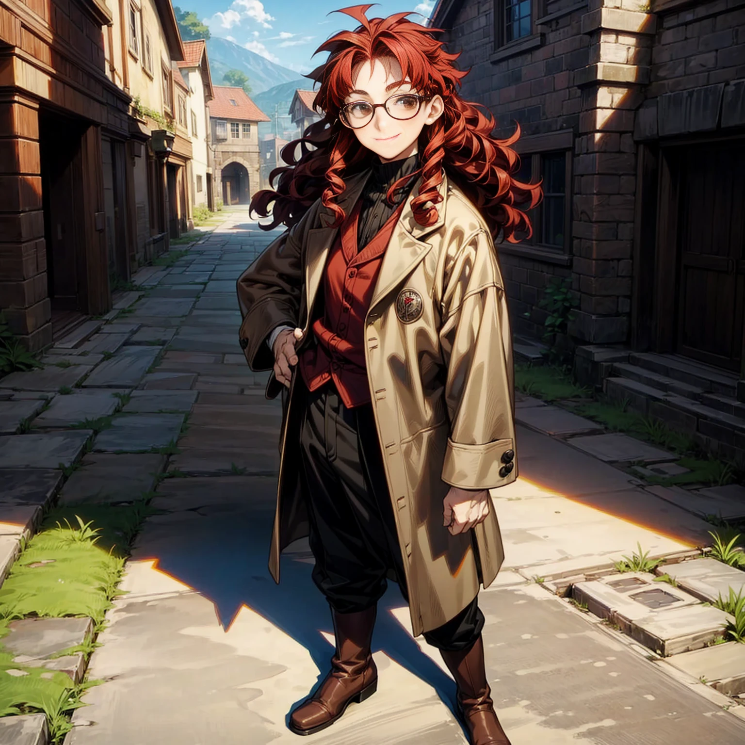 Solo character, full body version, kid boy, brown eyes, red color hair, long curly hair, glasses, formal clothing, boots, outdoor, village, medieval, morning, detailed background, detailed clothing, detailed hair, smile mouth, happy, (Hunter x Hunter style art), standing gesture 