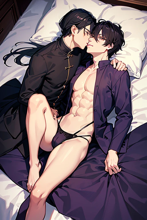(Situation)Two men, mutual love, young men, BL, homosexual, lying on a bed, looking at each other and kissing, dark room at night, Chinese style
(Common appearance) A man dressed as a woman, a slender man, sexy lingerie with see-through fabric, a Chinese dress with see-through fabric, women's clothing, elbow-length gloves with see-through fabric, see-through socks, nipples showing through thin fabric, pectoral muscles, penis visible, erect penis
(1st person) A boy around , black hair, purple eyes, ecstatic expression, shyness, feeling good, chest muscles, rubbing chest
(Second Person) A man in his 20s with silver hair and green eyes, an ecstatic expression, embarrassed, and feeling good. He is lying on the bed with his legs spread and touching his crotch.