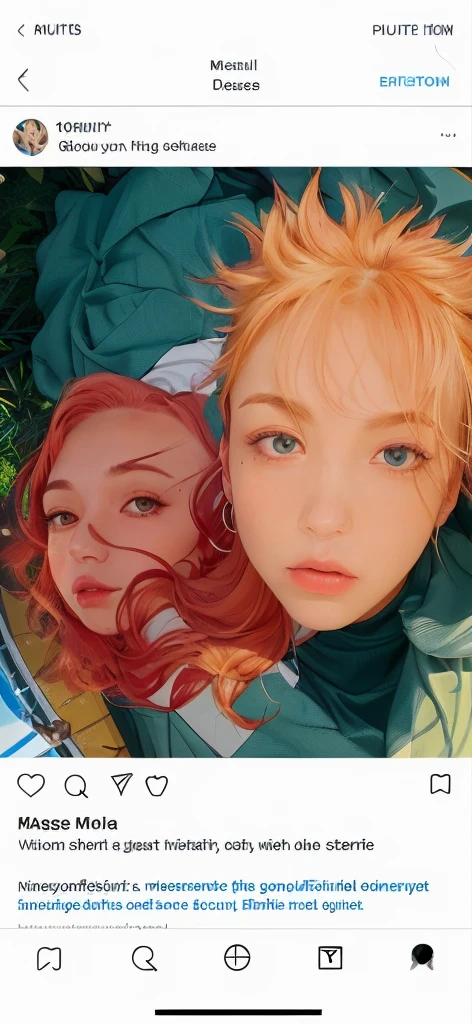 The imagfeatures two characters in a close, overhead perspective, The left character has bright, reddish-pink skin, and a mass of curly, deep red hair that cascades downward. The face is slightly tilted, and the eyes have star-shaped pupils, with a yellow-orange hue. The eyebrows are distinct, and the character has a small piercing on the lower left side of the face, possibly a mole or decorative dot, The character’s face is neutral, almost contemplative, with closed or partially closed eyes, giving a serene or introspective vibe, The right character has a lighter, peachy skin tone and short, spiky blond hair. The hair spikes upward, adding a dynamic feel. The character’s eyes are narrow, with a focused, intense gaze. There are piercings visible on the right eyebrow and possibly a subtle hint of another piercing near the eye, The character has a more intense and serious expression, with slightly parted lips. The gaze is direct, adding a sense of determination or resolve, The background features what appears to be a green, grid-like structure, possibly representing tiled flooring or a wall. The perspective suggests the characters are either lying down or the viewpoint is directly above them. The left side has what looks like part of a bicycle wheel, adding a touch of realism and depth to the setting, tightly framed, focusing primarily on the characters’ faces, which are close together but not touching. The perspective and angles create a dynamic, somewhat distorted view, emphasizing the characters’ facial features and expressions