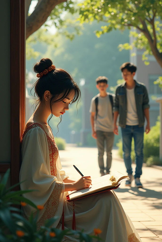 A girl writing poetry while a boy passing by with his friend. Looking at the girl with a tired smile. Girl must be wearing eastern dress and boy must be with his friend. College or a park setting 
