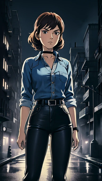 (1girl, FujikoMine, medium hair), (extremely detailed CG unit 8k wallpaper),(master part), (best quality), (ultra detail), (best illustration),(ghibli style), cowboy shot, (Sharp eyeliner, ombre, detail eyes:1), dark city, outdoors, ,break , (mad-sincity), upper body,1940s, noir, night, black choker, collared shirt, denim shirt, sleeves rolled up, black pants,