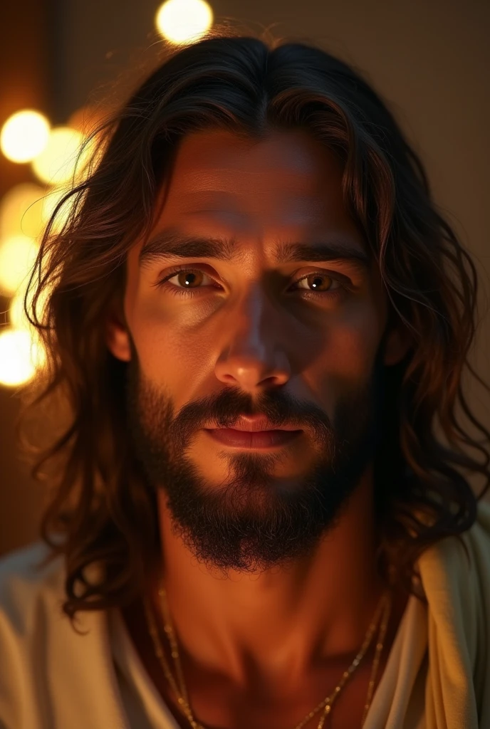 photo of Jesus, in biblical times Jesus, Photorealistic light environment, face full, looking at the camera, calm eyes, serene and loving face, sweet look, there are lights in the background, The whole environment is clear, Photo of Busto --auto--