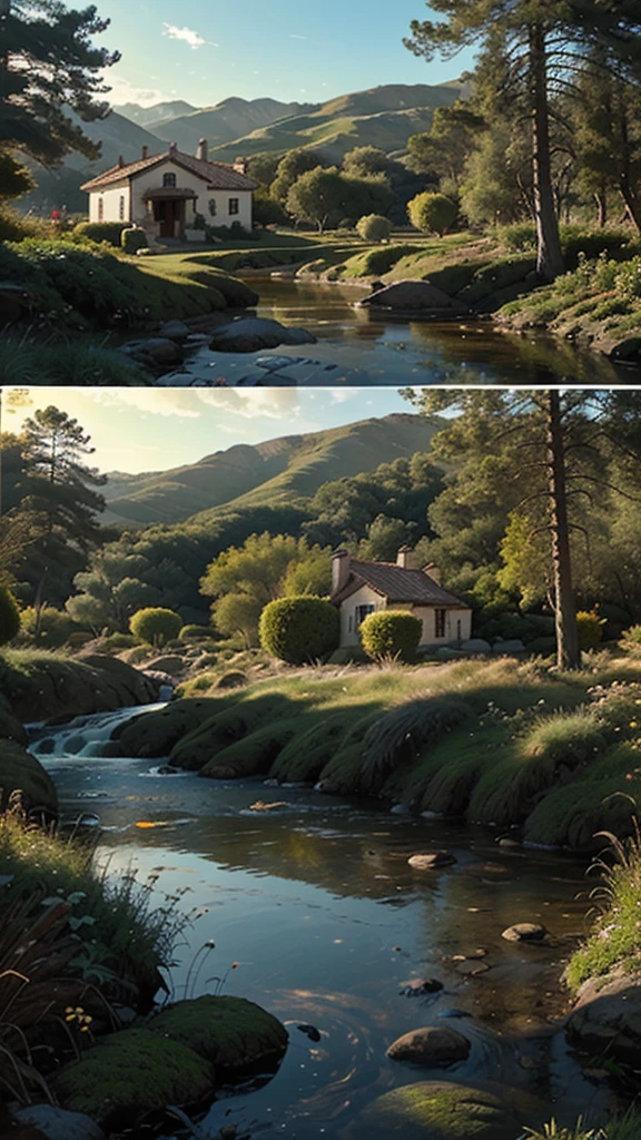 Landscape of a moor in two paintings where there are many water sources, Frailejones and a house