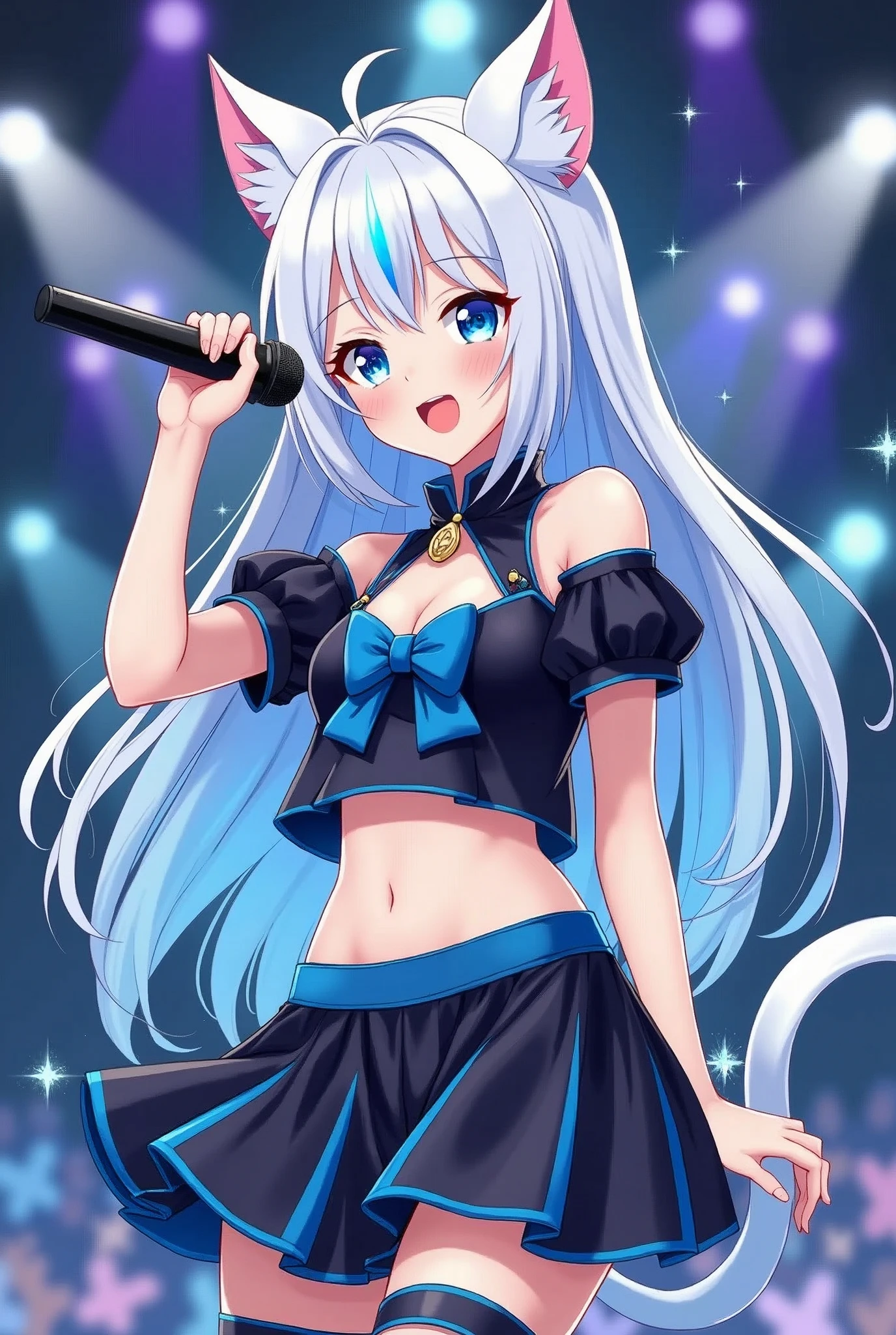 a drawing of a magical girl with anime aesthetics who is an idol with long white hair and cat ears and tail, wearing a short skirt and a modern top with her belly exposed and showing some skin, with a microphone in his hand singing, The dress is very striking and colorful in blue and black tones, with white ears and tail, and the hair has soft light blue highlights, In the background there are lights and sparkles as if I were at a concert