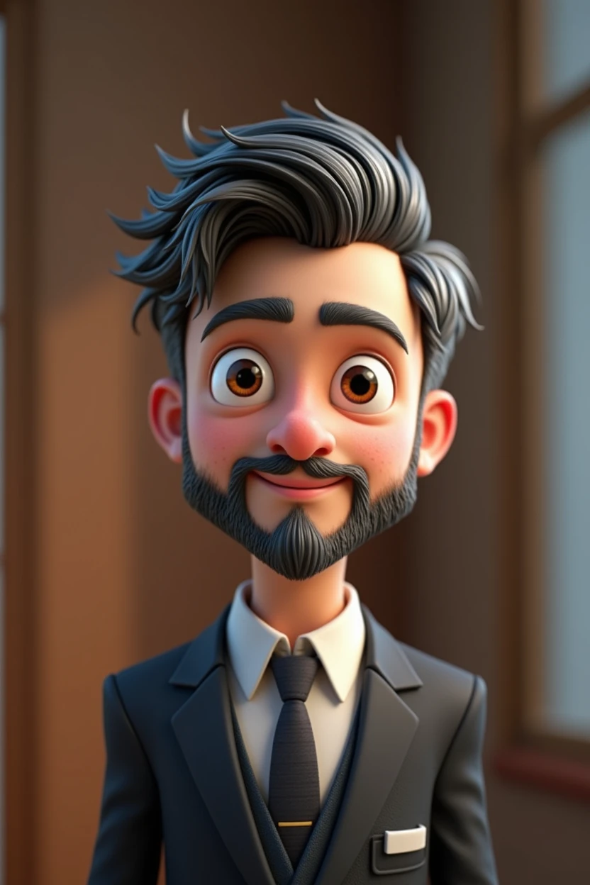 Cartoon character of a man with black hair and some white strands, white bearded, formal suit, white skin color, animation character, pixar, Disney, stylized character, animation style rendering, 3d stylized, Arnold Maya rendering, Stylized 3D rendering, toon render screenshot, 3d character, 3d character, Stylized 3D rendering, 3D character rendering, cartoon character, Personagem de close up, character posing, (Estilo pixar) (master part:1.2) (bokeh) (best qualityer) (skin detailed) (detailed texture) (8k) (Argilla) (cinematic lighting) (sharp focus)
