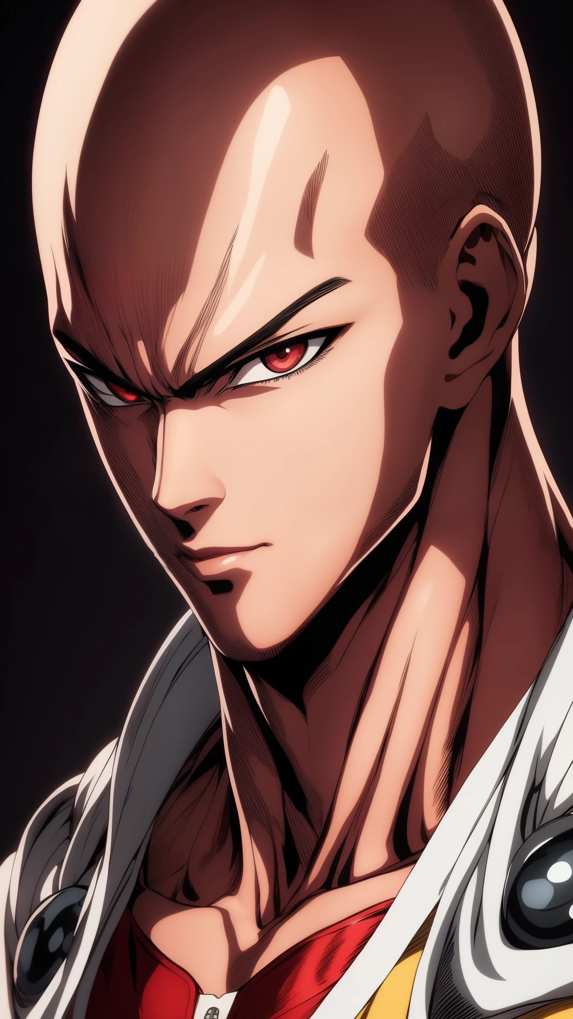 Saitama is very handsome with deep red eyes standing straight in front of a neutral black background, creating a perfect image for his handsome face. With a confident and determined attitude, he shines with a metallic sheen, making him truly amazing, in the artistic style of the anime One Punch Man.