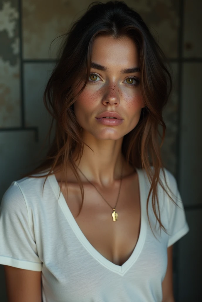 (masterpiece, photorealistic:1.4, extremely intricate:1.3, radiosity, photon mapping, dtx, 8K), ((((closeup necklace, white t-shirt, humid, [small breasts:small breasts:0.8])), humid, [skin detail:freckles:0.7], natural, 25 year brunette, brown eyes, supermodel), dark room, ((stone shower, glass shower, clean)))
