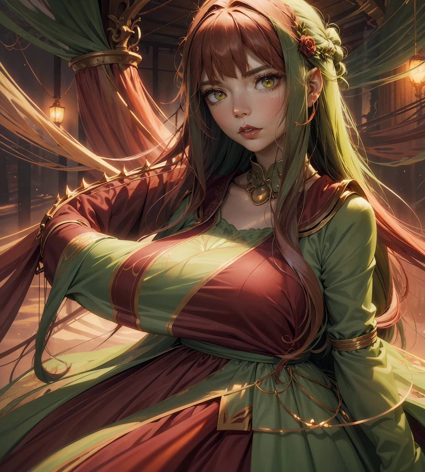 a beautiful young woman with striking green eyes, long lashes, detailed facial features, flowing red hair, wearing an ethereal green dress, surrounded by a mystical forest, magical atmosphere, vibrant colors, cinematic lighting, fantasy, highly detailed, 8k, photorealistic