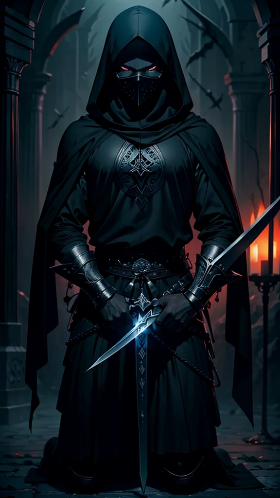 hooded black muslim warrior fantasy kneeling with sword, at night, (eerie:0.8), beautiful, insane details, best quality, realistic, (dark:1.4)