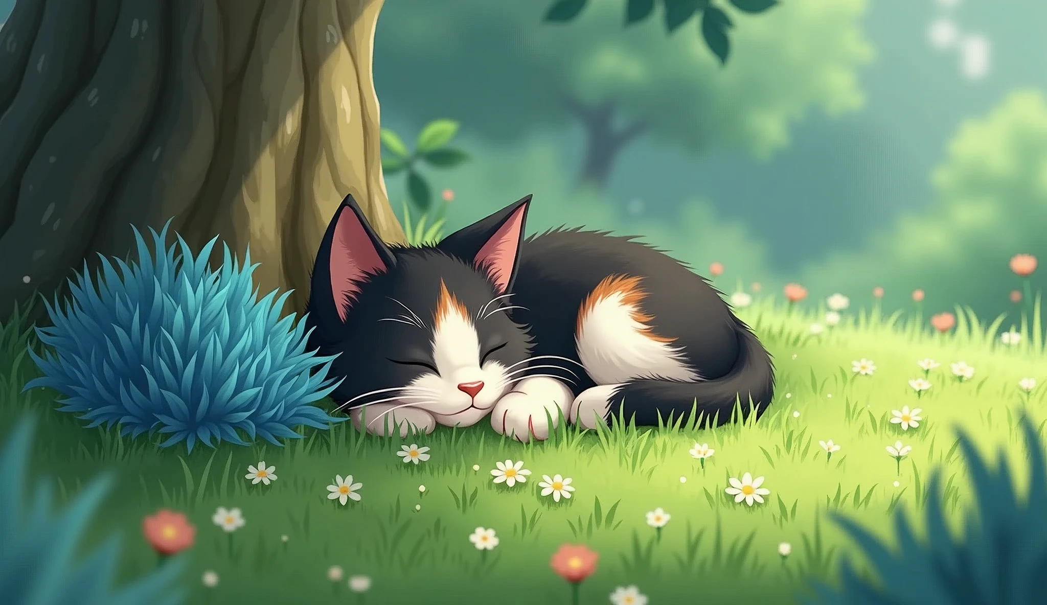 anime aestetics, anime sccenery, a young cat lying next to the little blue verry bush, cat's fur is black, white and brown, summer time, short green grass, little flowers, tree base behind the cat, short fur, closed eyes, peaceful atmosphere, heroic fantasy aestetics, dungeons and dragons, wide shot, perspective, atmospheric perspective, 16k, highres, award winning, best quality, high details, super detail, UHD, masterpiece