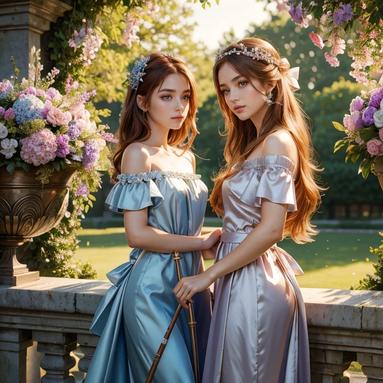 (​masterpiece, best quality:1.5), highest quality, High resolution, super detailed, Realists, Upper body photo of a red-haired flower girl, detailed and beautiful eyes, beautiful detailed lips, very detailed eyes and face, longeyelashes, Young girl in a silver satin skirt and blue off-the-shoulder satin blouse made of shiny satin fabric, Beautiful and colorful makeup, elegant and noble々Pose,shiny satin headband, grind, Holding flowers, Gardens as background, soft daylight, bright colors, fine brushstrokes, Portrait style, Noble details in the dress fabric, beautiful color palette, glowing skin, First-class rendering, that captures every detail, enchanting atmosphere, subtle shadows and lights, (perfect anatomy:1.2), (The two stunning flower girls hold a long silver stick with a bow. Exchange glances.  (magnificent panorama view:1.2)