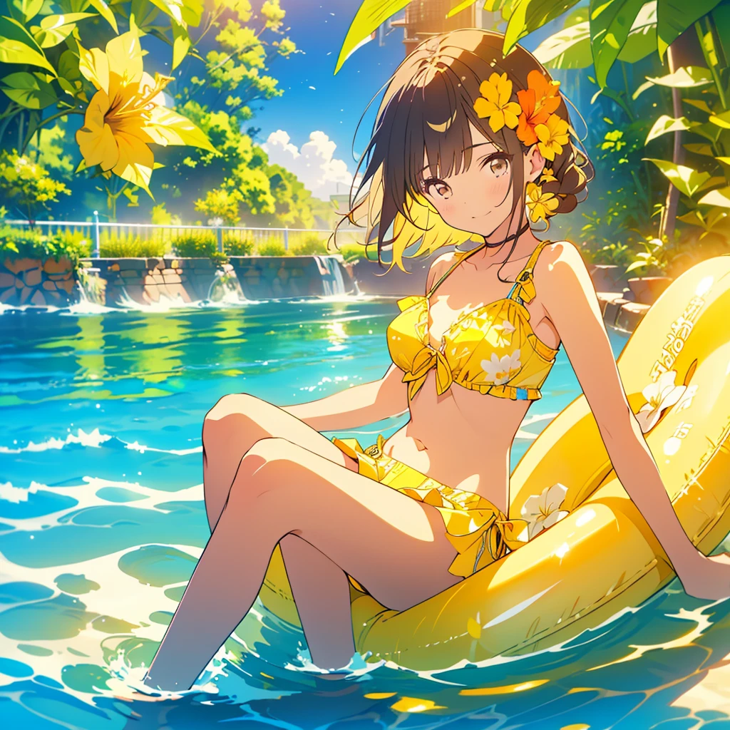 Yellow hibiscus、girl、fun、Swimwear