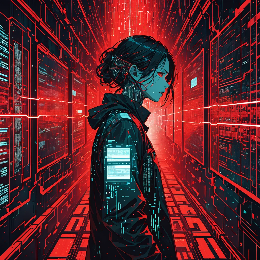 A cybernetic nightmare scene depicting a person trapped in a world of glowing digital codes and algorithms. The environment is filled with complex, intertwining data streams and pulsating red lights, representing a digital prison. The figure is struggling against electronic bindings, symbolizing the fight for freedom in a chaotic, rhythm-driven digital universe. The atmosphere is dark and intense, capturing themes of technological confinement, existential struggle, and the search for escape from a coded reality