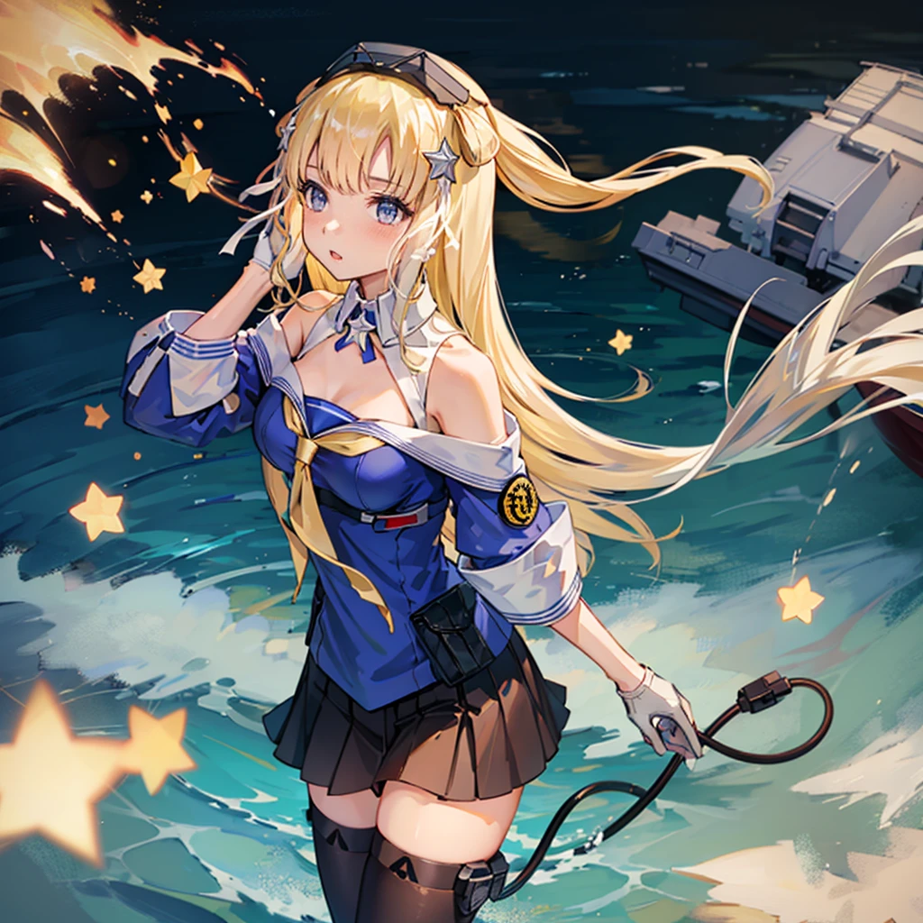 Fletcher \(Kantai Collection\), One girl, chest, skirt, alone, large chest, blue shirt, yellow neckerchief, Headphones, shirt, gloves, Knee socks, chestの谷間, Seraphim, , Off the shoulder, neckerchief, black skirt, Sailor collar, Double Bang, pleated skirt, white Sailor collar, star \(symbol\), Cowboy Shot, Headphones around neck