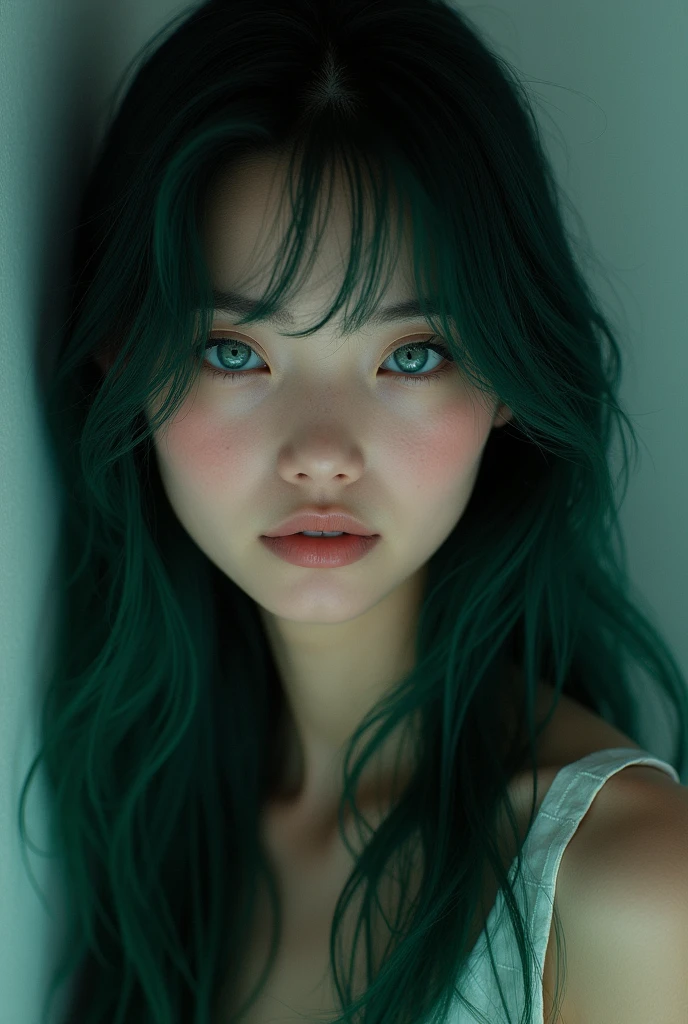 
Women is not very social and shy.
Eyes as blue as the ocean
natural dark green hair
Thai-Japanese-English nationality