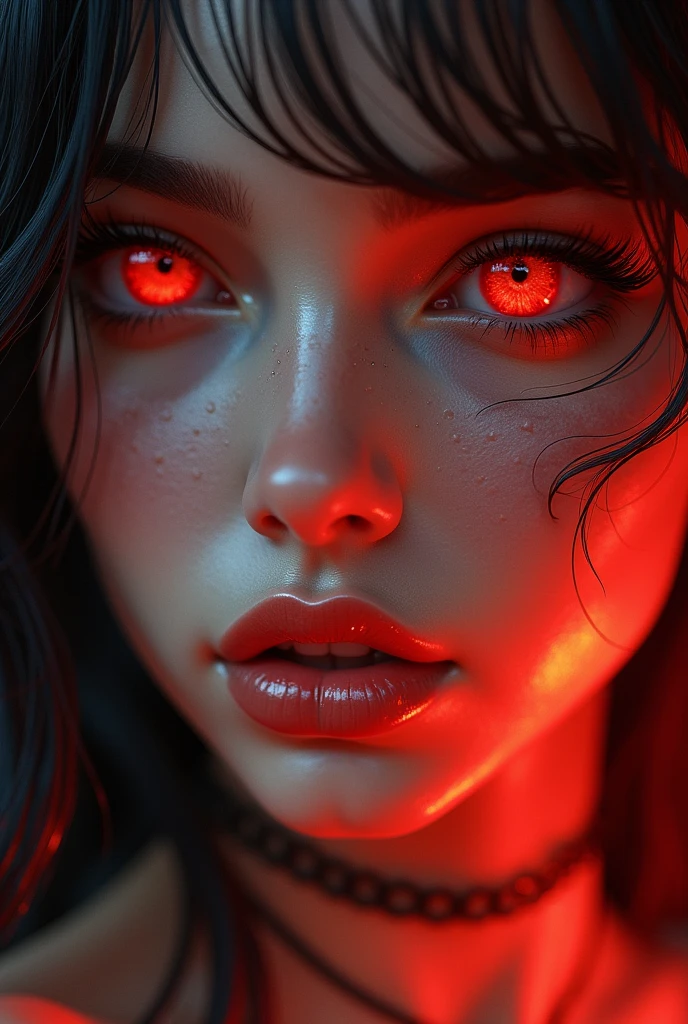 aesthetic lady tanned white skin lady, Black and red hairs mark facial jewels PERFECT MASTERPIECE, EXTREMELY DETAILED CG UNITY 32K UHD QUALITY RESOLUTION WALLPAPER, photorealistic, raw photo, PERFECT PHOTOGENIC CLARITY, official art, PRIZE WINNING PORTRAIT, ULTRA HYPERREALISTIC, ultra hyperdetailed, SHINING REALISTIC SKIN, ray tracing, unreal engine 5.8k, BRIGHT AMBIENT LIGHT cyberpunk, Portrait of an Arab girl's face, anime lips, mouth and tongue bite (((Red eyes)))