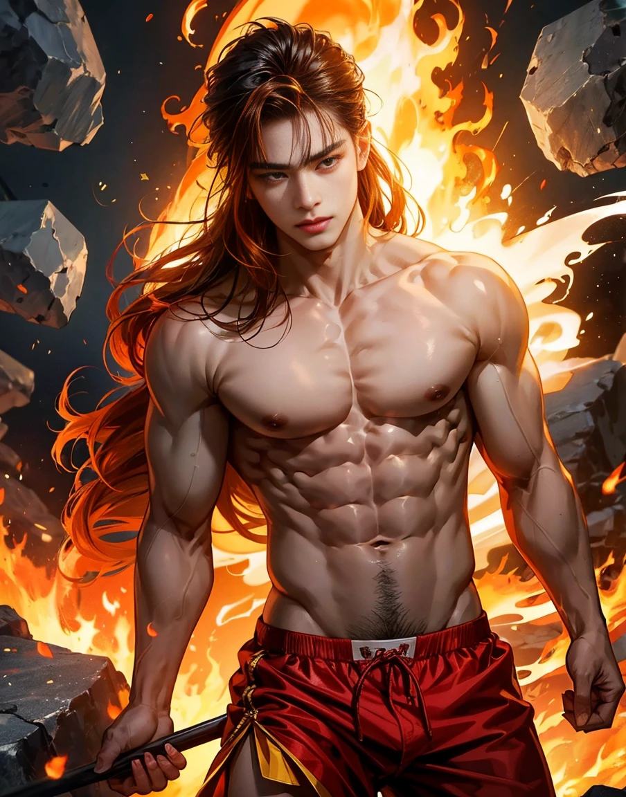 A handsome Asian 20 years old man, muscular and slim, model , shirtless, wearing tiny red undies, flame flowing long hair, sexy and toned body, furious look, fire element, volcano, earth cracking