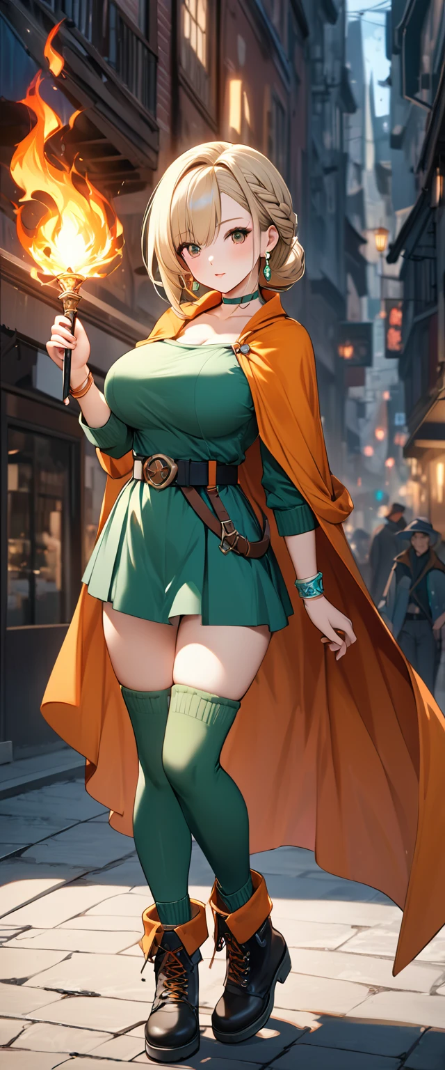 (8k, masterpiece, Highest quality, High resolution, Ultra-fine illustrations:1.2), (Beautiful attention to detail:1.2), One girl, alone, city, Outdoor, DQ Bianca, Single Blade, Earrings, choker, Orange Cape, Green Dress, belt, bracelet, Black boots, Green leg warmers, Large Breasts, Contrasting , full body, braid, Waving a magic wand, Conjuring magical flames