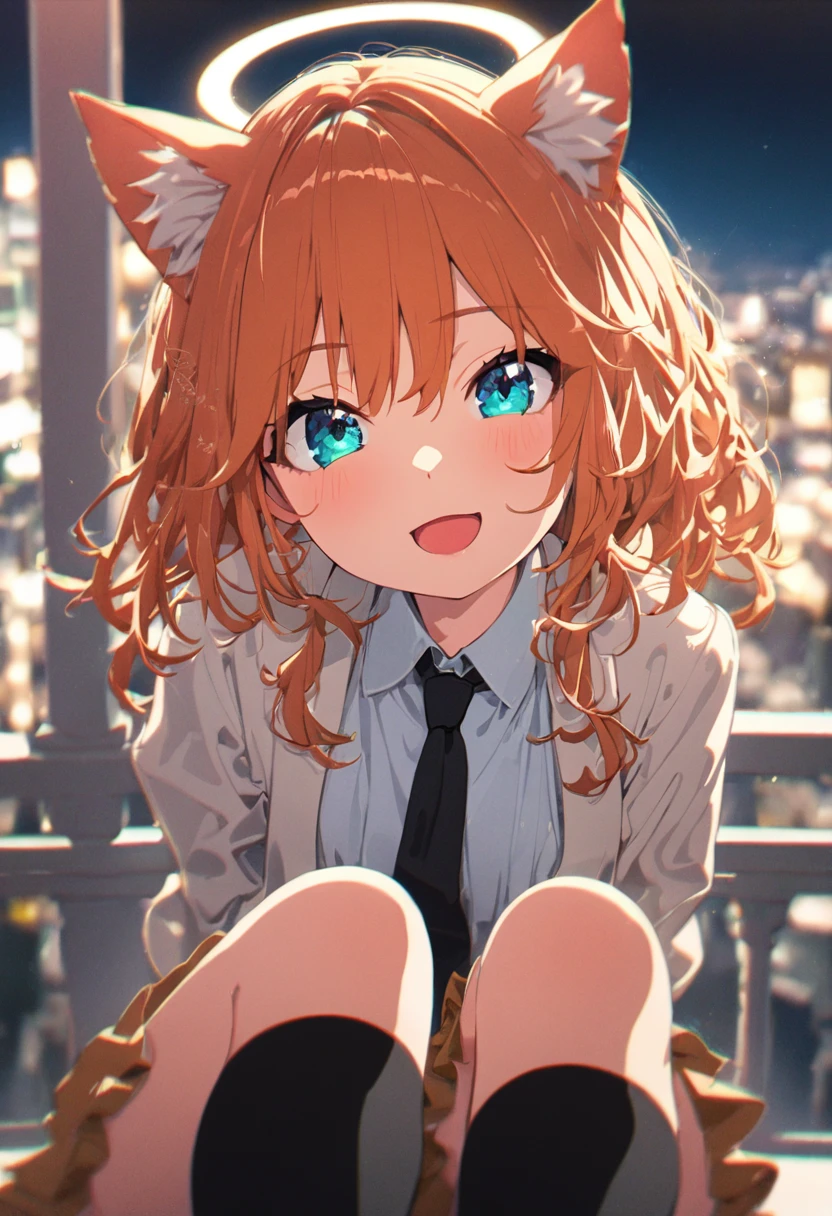 mari, ((halo)), (cat ears), (small breasts), ((open jackets, lightyellow jackets):1.2, (white collared shirts, black tie):1.2, (lightyellow skirts, pleated skirts):1.2, black thighhigh socks), (sitting, (sitting on balcony):1.2), from below, (face focus, (smile, seductive smile):1.2, open mouth), 1 girl, ((disheveled hair)), (orange hair), (aqua blue eyes), {{{masterpiece}}}, {{{best quality}}}, {{ultra detailed}}, {illustration}, {{an extremely delicate and beautiful}},((saturation adjustment:1.3)), ((super detailed):1.2), ((beautiful):1.2), (masterpiece):1.2), ((detailed light):1.2), ((an extremely delicate and beautiful):1.2), intricate, 8K, nsfw, ((city background, blurry background, night):1.2), depth of field,