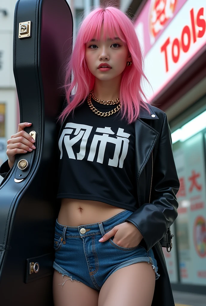 Poster layout for adult video, with text on screen: "Band Girl" and "Shocking AV Debut!"、(((Japanese woman carrying a large black guitar case))), 26 year old adult woman wearing a black crew neck top with large English letters on her chest and short blue jeans posing for a photo, busty female porn actor, dynamic pose, model pose for rock music magazine, unimaginably beautiful woman with slender curves, Japanese female fashion model, (((very bright pink hair))), happy, thick chain jewelry around neck and arms, (((in front of a strip theater in Asakusa))), pure and beautiful smile, intelligent face, slender curves, big breasts, wearing a black t-shirt, a very small leather jacket, denim shorts, (((extreme low angle))), null, building, carrying a black guitar case with a guitar strap attached
