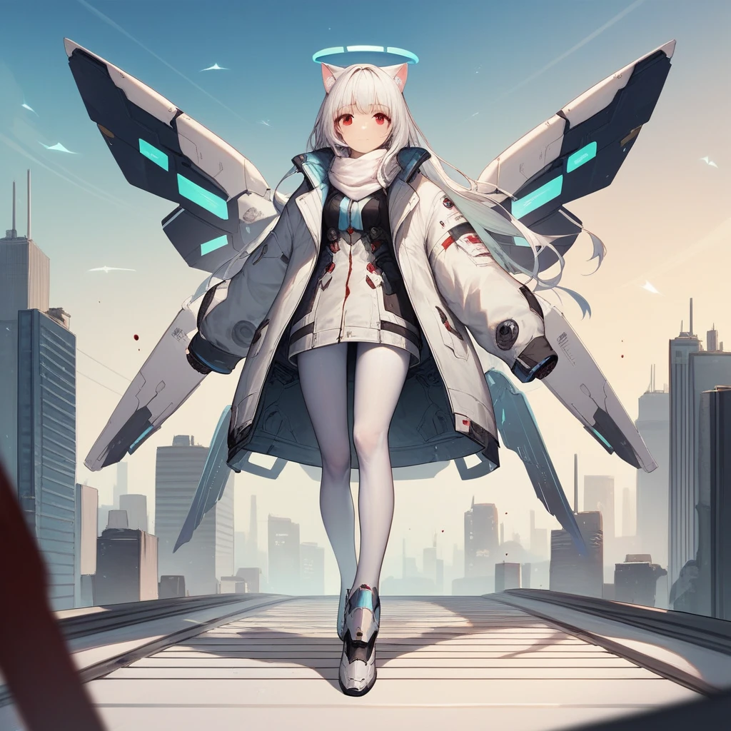 masterpiece, highest quality, highest resolution, clear_image, detailed details, white hair, long hair, 1 girl, cat ears, red eyes, futuristic wings, futuristic halo, white sci fi mecha jacket, white scarf (around the neck withn a light blue glow), white pantyhose, full body, no water marks, city, blood coming out of mouth