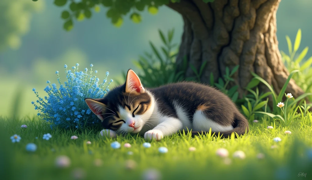 epic styles, digital art, extra detailed digital art, wallpaper, a young cat lying next to the little blue verry bush, cat's fur is black, white and brown, summer time, short green grass, little flowers, tree base behind the cat, short fur, closed eyes, peaceful atmosphere, heroic fantasy aestetics, dungeons and dragons, wide shot, perspective, atmospheric perspective, 16k, highres, award winning, best quality, high details, super detail, UHD, masterpiece