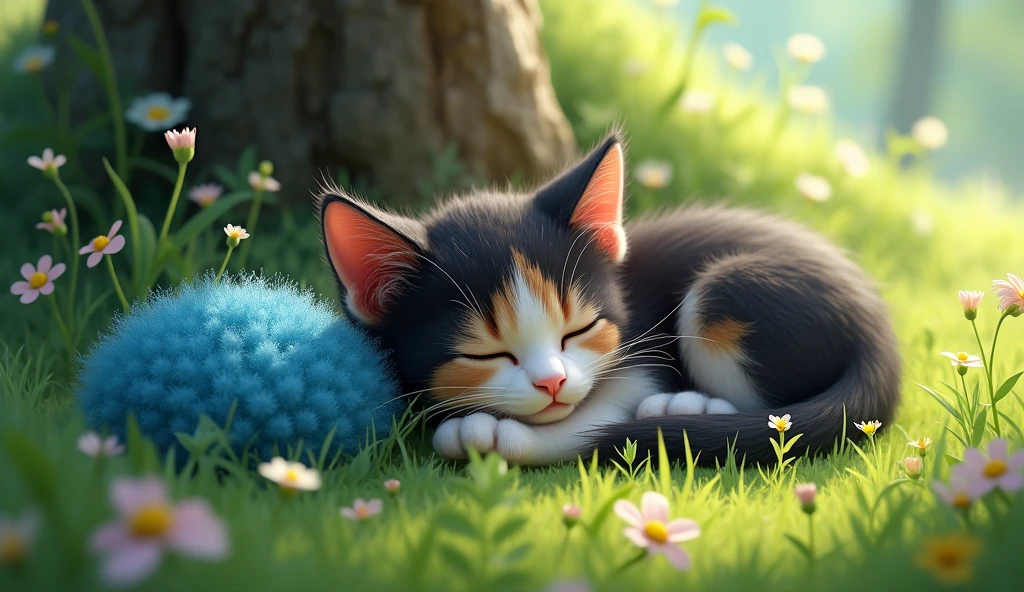 epic styles, digital art, extra detailed digital art, wallpaper, a young cat lying next to the little blue verry bush, cat's fur is black, white and brown, summer time, short green grass, little flowers, tree base behind the cat, short fur, closed eyes, peaceful atmosphere, heroic fantasy aestetics, dungeons and dragons, wide shot, perspective, atmospheric perspective, 16k, highres, award winning, best quality, high details, super detail, UHD, masterpiece