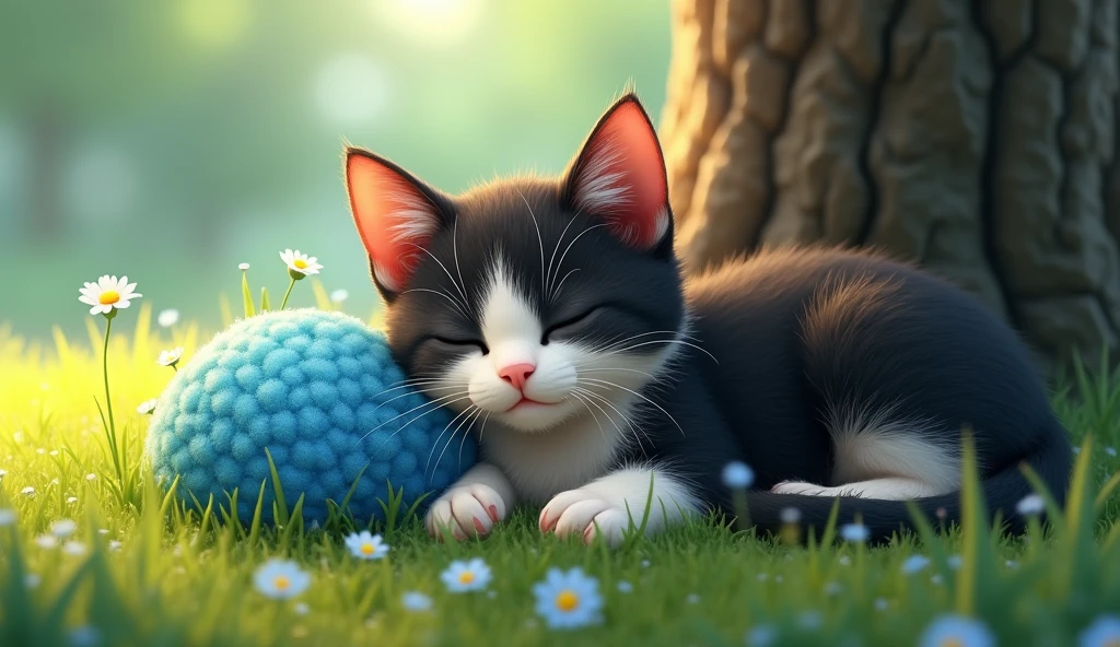 epic styles, digital art, extra detailed digital art, wallpaper, a young cat lying next to the little blue verry bush, cat's fur is black, white and brown, summer time, short green grass, little flowers, tree base behind the cat, short fur, closed eyes, peaceful atmosphere, heroic fantasy aestetics, dungeons and dragons, wide shot, perspective, atmospheric perspective, 16k, highres, award winning, best quality, high details, super detail, UHD, masterpiece