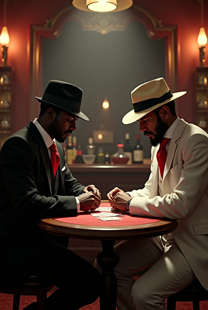 Create a black man dressed as a 1920s Brazilian scoundrel wearing a black suit and a Panama hat and red tie named Zé Pretinho das Almas, playing cards with another rogue from the same era as him called Malandro Miguel who wore a white suit with a Panama hat and a red tie they are in a bar in Rio de Janeiro near a crossroads