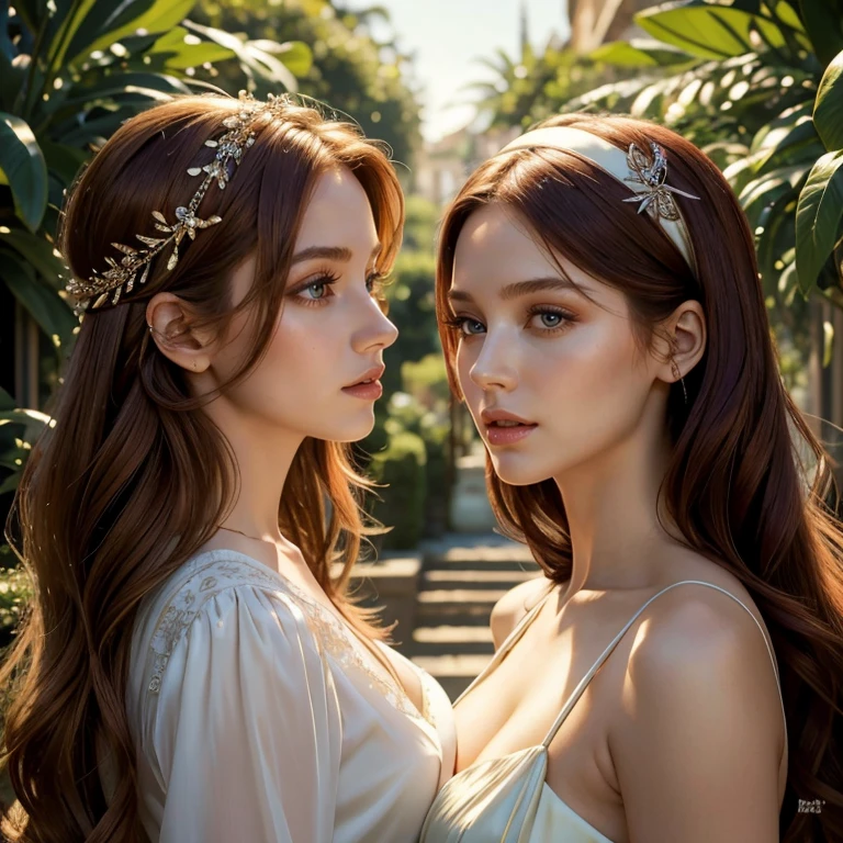 (masterpiece, best quality:1.5), highest quality, High resolution, super detailed, Realists, Upper body of red-haired woman, long open straight hair, detailed and beautiful eyes, beautiful detailed lips, very detailed eyes and face, longeyelashes, Woman in evening dress made of shiny satin fabric, Beautiful and colorful makeup, elegant and noble々Pose, Satin headbands and jewelry, Gardens as background, soft daylight, bright colors, fine brushstrokes, Portrait style, Plain dress fabric, beautiful color palette, glowing skin, First-class rendering, that captures every detail, enchanting atmosphere, subtle shadows and lights, (perfect anatomy:1.2), (Two stunning women with their mouths open. Surprised look