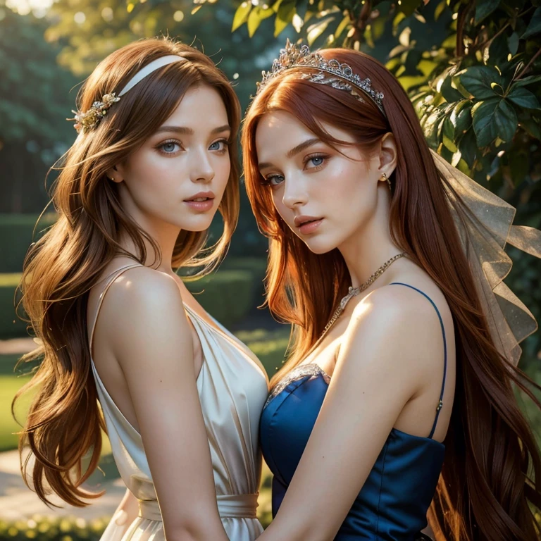 (masterpiece, best quality:1.5), highest quality, High resolution, super detailed, Realists, Upper body of red-haired woman, long open straight hair, detailed and beautiful eyes, beautiful detailed lips, very detailed eyes and face, longeyelashes, Woman in evening dress made of shiny satin fabric, Beautiful and colorful makeup, elegant and noble々Pose, Satin headbands and jewelry, Gardens as background, soft daylight, bright colors, fine brushstrokes, Portrait style, Plain dress fabric, beautiful color palette, glowing skin, First-class rendering, that captures every detail, enchanting atmosphere, subtle shadows and lights, (perfect anatomy:1.2), (Two stunning women with their mouths open. Surprised look