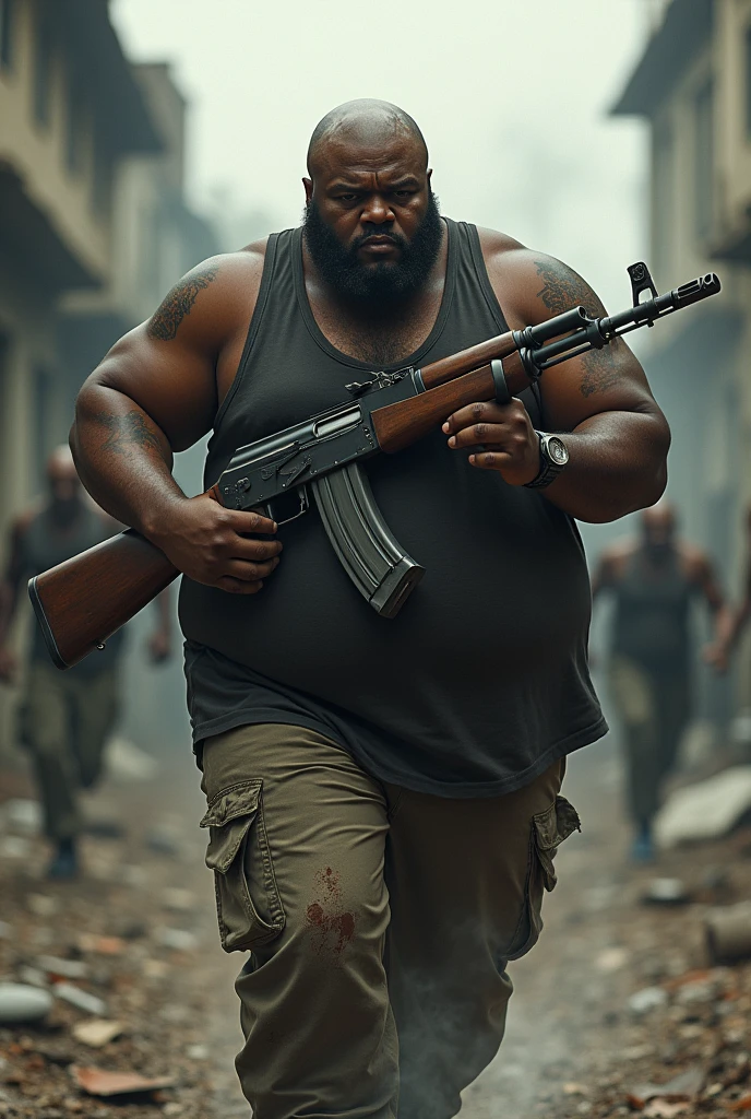 Create a bald black obese survivor with an ak47 running away from a zombie apocalypse
