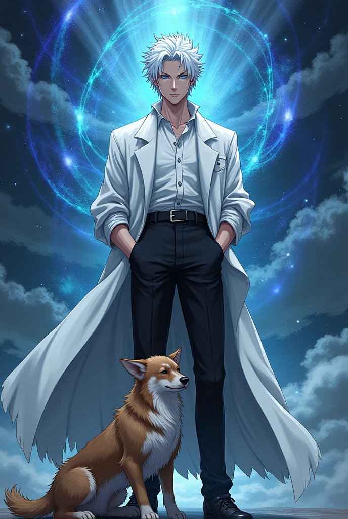 Gojo From jujutsu Kaisen with his normal outfit and  with a dog
