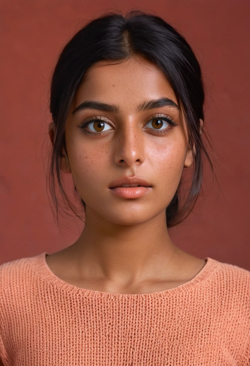 features a young Pakistani girl named Sanab with very tanned skin and dark hair cut slightly below the chin. Lots of makeup. Your eyes are light in color, and they have prominent freckles on their cheeks and nose. The individual is looking directly at the viewer, displaying a neutral to subtly thoughtful expression, with the head slightly tilted. They are wearing what appears to be a dark sweater or blouse.. The background is solid, in warm tones, coral color that contrasts with the subject's dark hair and pale complexion, bringing focus to your face and expression.