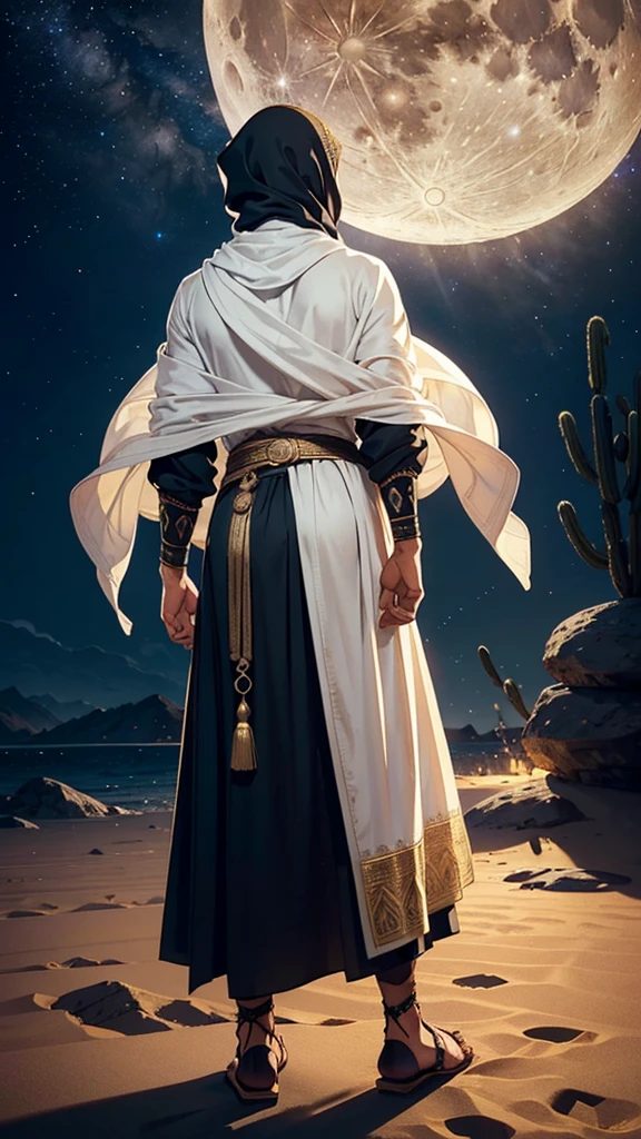 (((back side of warrior))) a detailed prompt for creating an image of an Arab [back side ] in a fantasyworld magical world dream (((warrior)))(((((man in traditional attire from the era of Prophet in full moon with fulll of star in a mystical night view sirus plannet)))))Muhammad (peace be upon him), set in a desert with a full moon, and with an old-world black color islamic dress 

"Create an 8K quality image of an Arab man dressed in traditional clothing from the era of Prophet Muhammad (peace be upon him). The man should be depicted in a desert landscape under a full moon. night wears a long, flowing robe (jubba) in neutral colors such as black green or beige, with a simple yet elegant design reflecting the historical modesty of the period. Over the robe, include a traditional outer cloak (aba) or shawl, draped gracefully with historical accuracy.and imama on head
(((spirituality)))
On his head, the man should wear a traditional Arabian headscarf (imama) or turban, styled accurately for the era, wrapped neatly. The attire should reflect the era's modesty and simplicity.

The scene should be set in a vast, moonlit desert with expansive dunes. The full moon should provide a soft, ambient light, casting gentle illumination on the man and the landscape. Incorporate subtle old-world elements, such as ancient Arabic patterns or motifs integrated into the sand or softly highlighted by the moonlight.

Add a slightly faded or sepia tone to evoke a sense of historical depth and authenticity. The overall composition should create a sense of reverence and timelessness, capturing the essence of the era of Prophet Muhammad (peace be upon him) in a (((planned venus)))((1moon,warrior)))