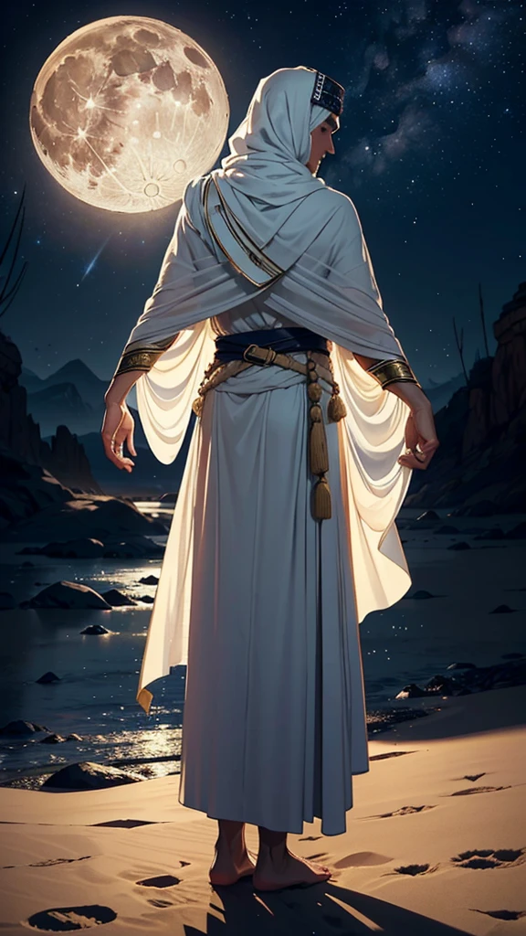 (((back side of warrior))) a detailed prompt for creating an image of an Arab [back side ] in a fantasyworld magical world dream (((warrior)))(((((man in traditional attire from the era of Prophet in full moon with fulll of star in a mystical night view sirus plannet)))))Muhammad (peace be upon him), set in a desert with a full moon, and with an old-world black color islamic dress 

"Create an 8K quality image of an Arab man dressed in traditional clothing from the era of Prophet Muhammad (peace be upon him). The man should be depicted in a desert landscape under a full moon. night wears a long, flowing robe (jubba) in neutral colors such as black green or beige, with a simple yet elegant design reflecting the historical modesty of the period. Over the robe, include a traditional outer cloak (aba) or shawl, draped gracefully with historical accuracy.and imama on head
(((spirituality)))
On his head, the man should wear a traditional Arabian headscarf (imama) or turban, styled accurately for the era, wrapped neatly. The attire should reflect the era's modesty and simplicity.

The scene should be set in a vast, moonlit desert with expansive dunes. The full moon should provide a soft, ambient light, casting gentle illumination on the man and the landscape. Incorporate subtle old-world elements, such as ancient Arabic patterns or motifs integrated into the sand or softly highlighted by the moonlight.

Add a slightly faded or sepia tone to evoke a sense of historical depth and authenticity. The overall composition should create a sense of reverence and timelessness, capturing the essence of the era of Prophet Muhammad (peace be upon him) in a (((planned venus)))((1moon,warrior)))