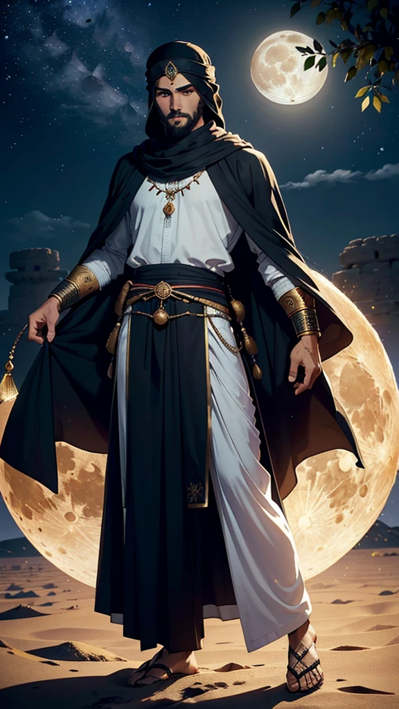 (((back side of warrior))) a detailed prompt for creating an image of an Arab [back side ] in a fantasyworld magical world dream (((warrior)))(((((man in traditional attire from the era of Prophet in full moon with fulll of star in a mystical night view sirus plannet)))))Muhammad (peace be upon him), set in a desert with a full moon, and with an old-world black color islamic dress 

"Create an 8K quality image of an Arab man dressed in traditional clothing from the era of Prophet Muhammad (peace be upon him). The man should be depicted in a desert landscape under a full moon. night wears a long, flowing robe (jubba) in neutral colors such as black green or beige, with a simple yet elegant design reflecting the historical modesty of the period. Over the robe, include a traditional outer cloak (aba) or shawl, draped gracefully with historical accuracy.and imama on head
(((spirituality)))
On his head, the man should wear a traditional Arabian headscarf (imama) or turban, styled accurately for the era, wrapped neatly. The attire should reflect the era's modesty and simplicity.

The scene should be set in a vast, moonlit desert with expansive dunes. The full moon should provide a soft, ambient light, casting gentle illumination on the man and the landscape. Incorporate subtle old-world elements, such as ancient Arabic patterns or motifs integrated into the sand or softly highlighted by the moonlight.

Add a slightly faded or sepia tone to evoke a sense of historical depth and authenticity. The overall composition should create a sense of reverence and timelessness, capturing the essence of the era of Prophet Muhammad (peace be upon him) in a (((planned venus)))((1moon,warrior)))
