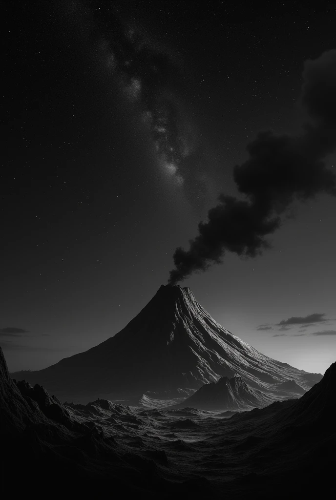 A volcano and stars in the background in black and white