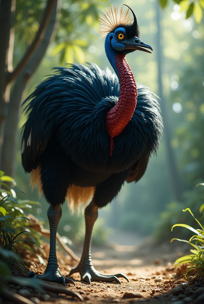 Draw a cassowary with characteristic features and an attacking pose highlighting its side profile