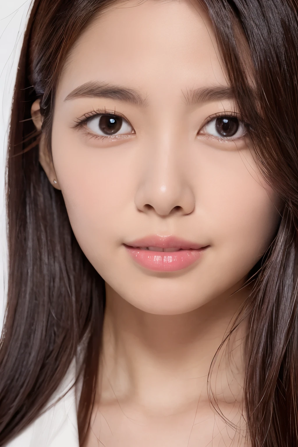 Masterpiece, high quality, photorealsitic, high resolution, 8k wallpaper, Professional photo, (look straight at a camera), Super detailed face, realistic and detailed eyes, upper body photoshoot, 1girl in, Skinny Japanese woman, ((Facing the front)), ((lips are glossy pink)), Detailed clavicle, perfect face, {long|short} face, straight hair,
