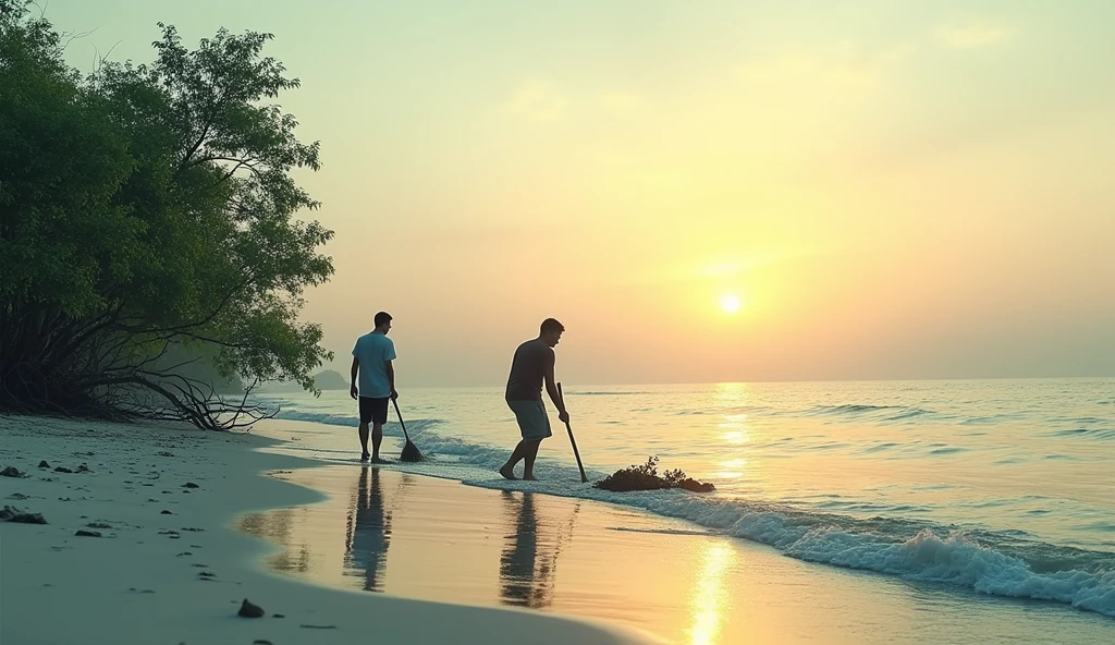 make me a design of people planting mangroves on the beach and there is a nuance of independence to commemorate Indonesian Independence Day