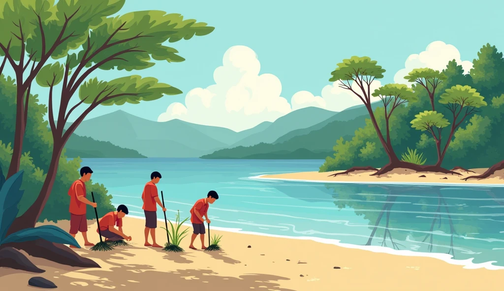 make me a design of people planting mangroves on the beach and there is a nuance of independence to commemorate Indonesian Independence Day