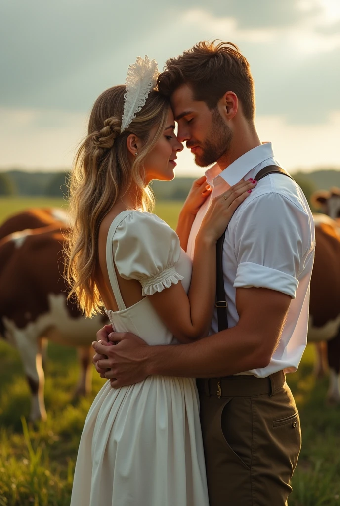 score_9, score_8, score_7_up, 1girl, 1boy, magnificent body, A luscious milkmaid has fun with her boyfriend on a farm