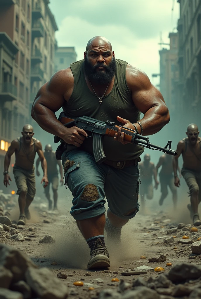 Create a bald black obese survivor with an ak47 running away from a zombie apocalypse
