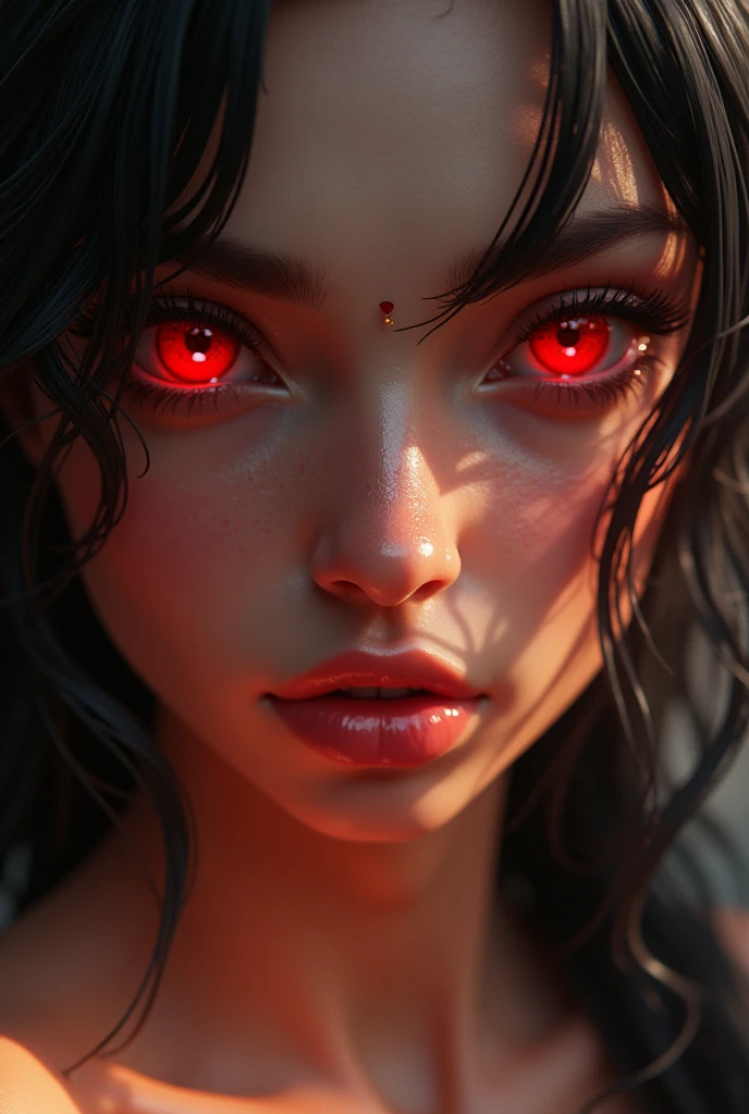 aesthetic lady tanned white skin lady, Black and red hairs mark facial jewels PERFECT MASTERPIECE, EXTREMELY DETAILED CG UNITY 32K UHD QUALITY RESOLUTION WALLPAPER, photorealistic, raw photo, PERFECT PHOTOGENIC CLARITY, official art, PRIZE WINNING PORTRAIT, ULTRA HYPERREALISTIC, ultra hyperdetailed, SHINING REALISTIC SKIN, ray tracing, unreal engine 5.8k, BRIGHT AMBIENT LIGHT cyberpunk, Portrait of an Arab girl&#39;s face, anime lips, mouth and tongue bite (((Red eyes)))