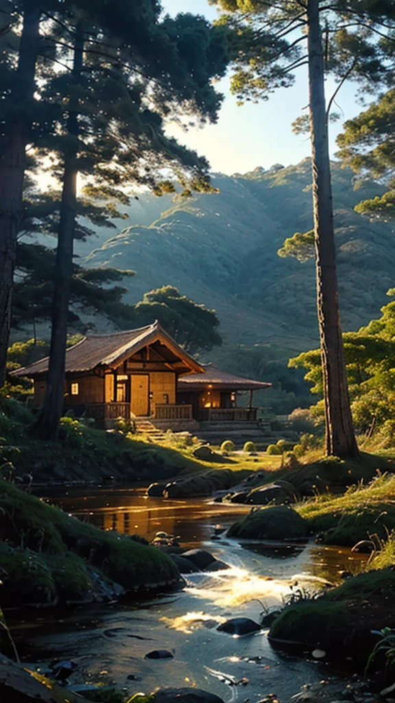Landscape of a moor in two paintings where there are many water sources, Frailejones and an indonesian wooden house