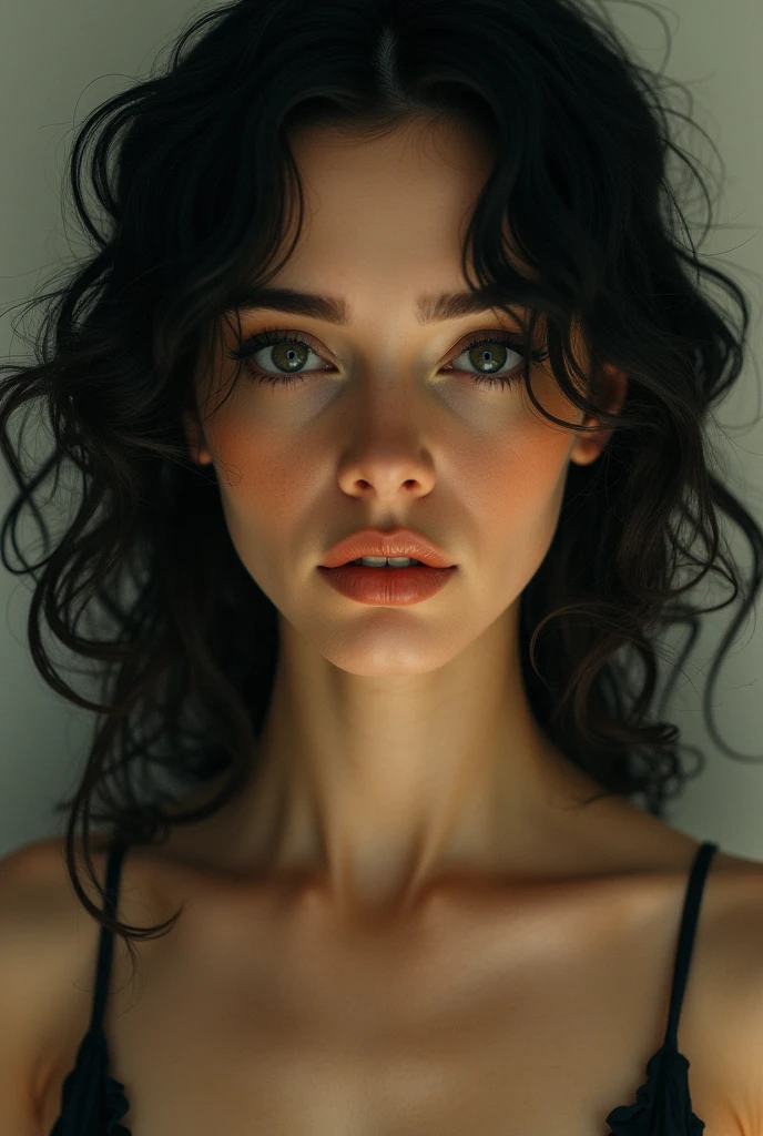 There is a woman with curly hair, black eyes, long nose, gold skin tone