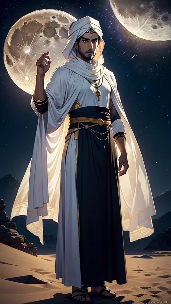 (((back side of warrior))) a detailed prompt for creating an image of an Arab [back side ] in a fantasyworld magical world dream (((warrior)))(((((man in traditional attire from the era of Prophet in full moon with fulll of star in a mystical night view sirus plannet)))))Muhammad (peace be upon him), set in a desert with a full moon, and with an old-world black color islamic dress 

"Create an 8K quality image of an Arab man dressed in traditional clothing from the era of Prophet Muhammad (peace be upon him). The man should be depicted in a desert landscape under a full moon. night wears a long, flowing robe (jubba) in neutral colors such as black green or beige, with a simple yet elegant design reflecting the historical modesty of the period. Over the robe, include a traditional outer cloak (aba) or shawl, draped gracefully with historical accuracy.and imama on head
(((spirituality)))
On his head, the man should wear a traditional Arabian headscarf (imama) or turban, styled accurately for the era, wrapped neatly. The attire should reflect the era's modesty and simplicity.

The scene should be set in a vast, moonlit desert with expansive dunes. The full moon should provide a soft, ambient light, casting gentle illumination on the man and the landscape. Incorporate subtle old-world elements, such as ancient Arabic patterns or motifs integrated into the sand or softly highlighted by the moonlight.

Add a slightly faded or sepia tone to evoke a sense of historical depth and authenticity. The overall composition should create a sense of reverence and timelessness, capturing the essence of the era of Prophet Muhammad (peace be upon him) in a (((planned venus)))((1moon,warrior)))