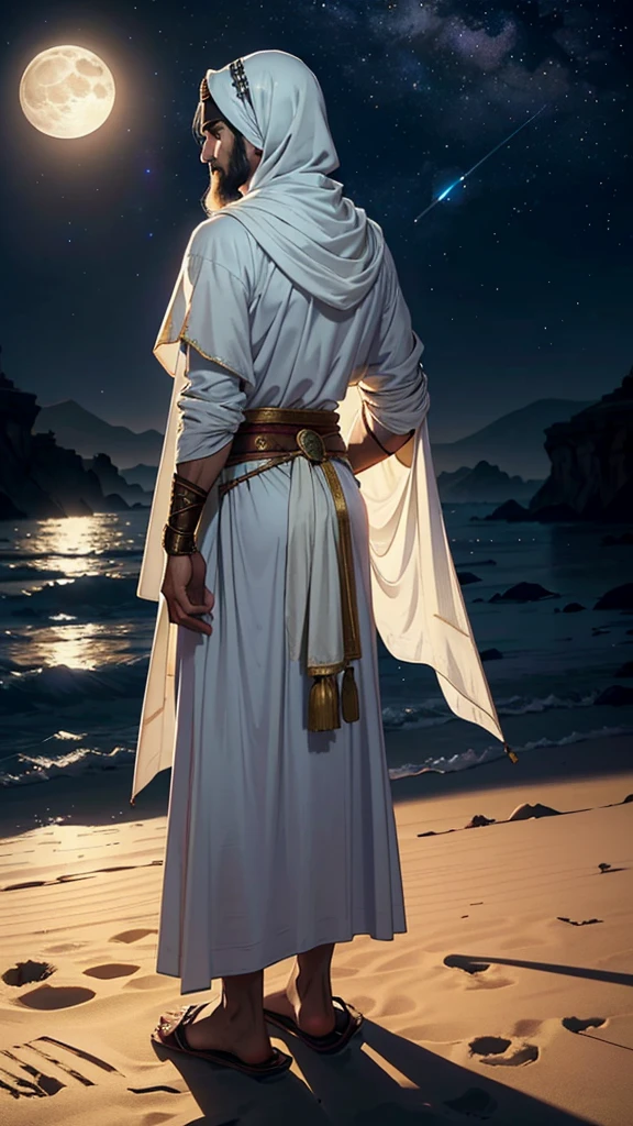 (((back side of warrior))) a detailed prompt for creating an image of an Arab [back side ] in a fantasyworld magical world dream (((warrior)))(((((man in traditional attire from the era of Prophet in full moon with fulll of star in a mystical night view sirus plannet)))))Muhammad (peace be upon him), set in a desert with a full moon, and with an old-world black color islamic dress 

"Create an 8K quality image of an Arab man dressed in traditional clothing from the era of Prophet Muhammad (peace be upon him). The man should be depicted in a desert landscape under a full moon. night wears a long, flowing robe (jubba) in neutral colors such as black green or beige, with a simple yet elegant design reflecting the historical modesty of the period. Over the robe, include a traditional outer cloak (aba) or shawl, draped gracefully with historical accuracy.and imama on head
(((spirituality)))
On his head, the man should wear a traditional Arabian headscarf (imama) or turban, styled accurately for the era, wrapped neatly. The attire should reflect the era's modesty and simplicity.

The scene should be set in a vast, moonlit desert with expansive dunes. The full moon should provide a soft, ambient light, casting gentle illumination on the man and the landscape. Incorporate subtle old-world elements, such as ancient Arabic patterns or motifs integrated into the sand or softly highlighted by the moonlight.

Add a slightly faded or sepia tone to evoke a sense of historical depth and authenticity. The overall composition should create a sense of reverence and timelessness, capturing the essence of the era of Prophet Muhammad (peace be upon him) in a (((planned venus)))((1moon,warrior)))