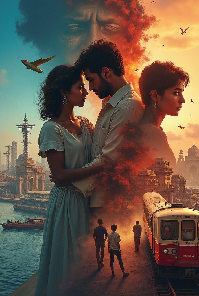 Generate an image with a montage of brief, intense scenes set in Bombay: a couple sharing a meaningful glance at Marine Drive, someone tearing a letter in frustration at Gateway of India, and a character leaving on a train